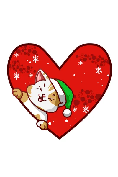 Lindo Gato Con Amor Vistiendo Sombrero Verde Navidad — Vector de stock