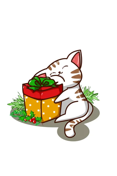 Gato Branco Abraçar Presente Natal — Vetor de Stock