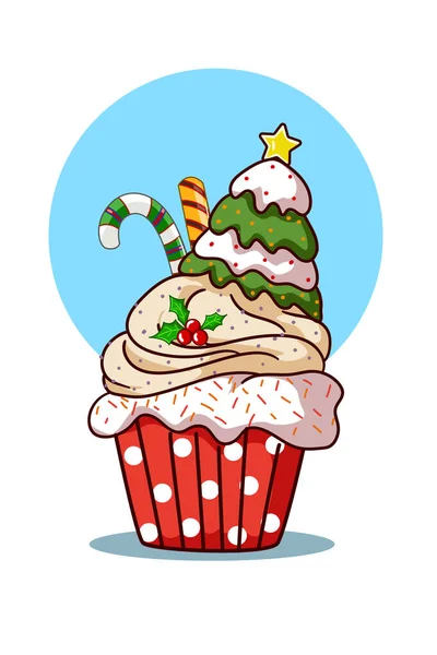 Ein Cupcake Mit Weihnachtsbaumcreme Und Süßigkeiten — Stockvektor