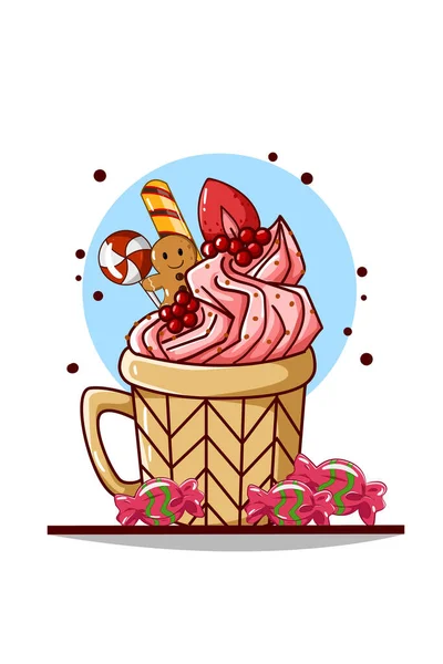 アイスクリームとクリスマスキャンディ ビスケットとストロベリーのカップ — ストックベクタ