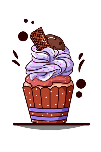 Cupcake Con Crema Púrpura Con Oblea Chocolate Con Galletas — Archivo Imágenes Vectoriales