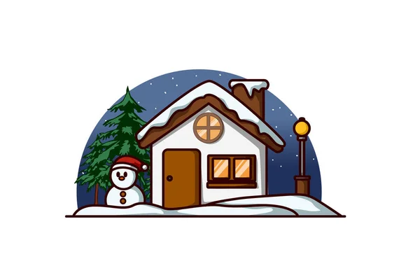 Будинок Сніговиком Ялинкою Напередодні Різдва — стоковий вектор
