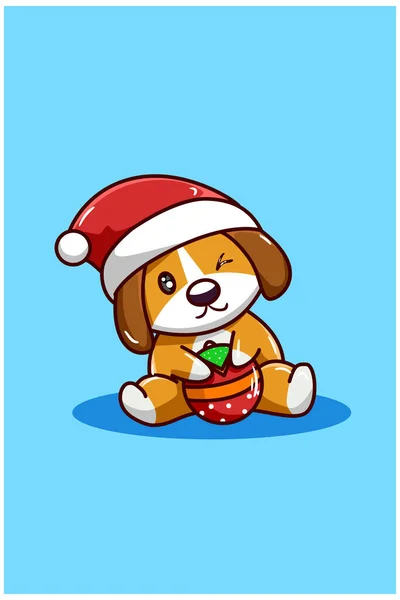 Cão Marrom Com Bola Natal Usando Chapéu Natal Ilustração — Vetor de Stock