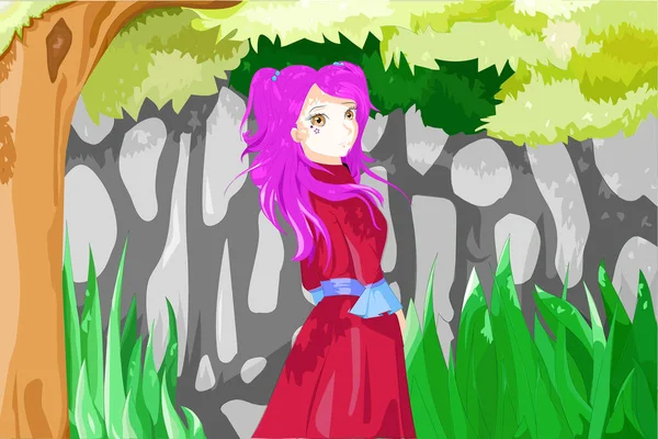 Anime Girl Purple Hair Eyes Brown Used Red Outfit Tree — Stockový vektor