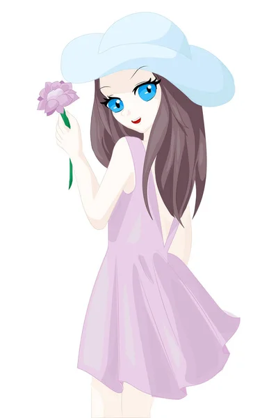 Dziewczyna Używane Niebieski Kapelusz Lato Różowa Sukienka Trzymać Różowy Kwiat — Wektor stockowy