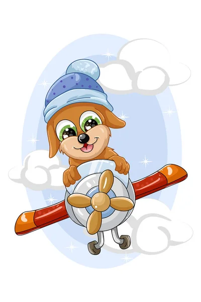 Mały Zabawny Brązowy Pies Lata Samolocie — Wektor stockowy