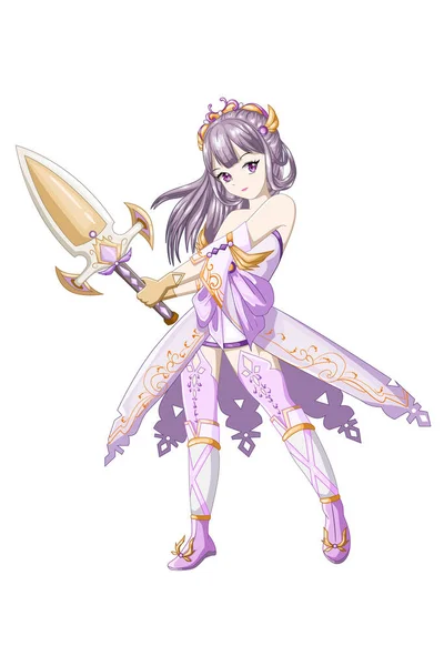 Anime Fille Cheveux Violets Portant Costume Violet Jaune Apporter Épée — Image vectorielle