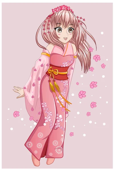 Güzel, pembe, uzun saçlı anime bir Japon kız. Üzerinde kiraz çiçekleri olan pembe bir kimono var.