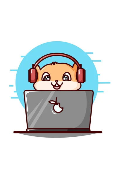 一只可爱的仓鼠 戴着耳机 还在玩笔记本电脑插画 — 图库矢量图片
