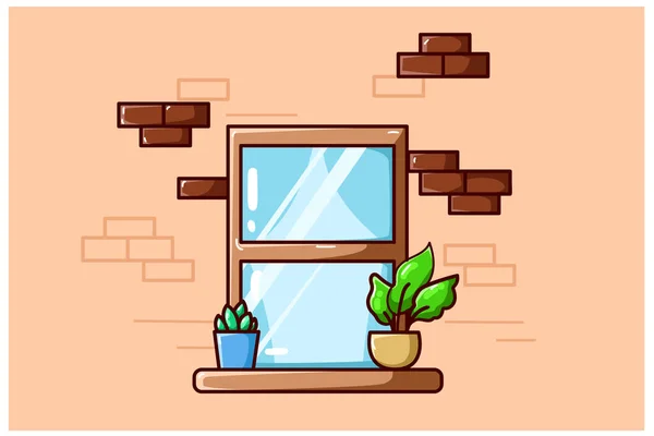 Illustration Window Some Plants — Stock Vector