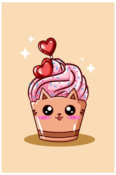 可愛いカップケーキ猫ピンクのアイスクリームとキャンディ愛 — ストックベクタ