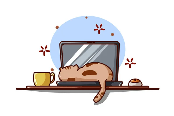 关于一只猫睡在笔记本电脑上的说明 — 图库矢量图片