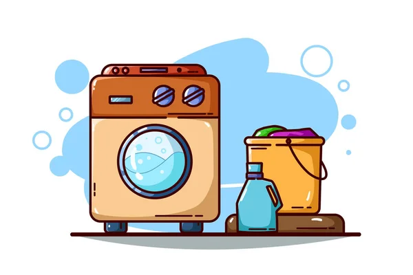 Abbildung Waschmaschine Waschmittel Und Wäscheeimer — Stockvektor