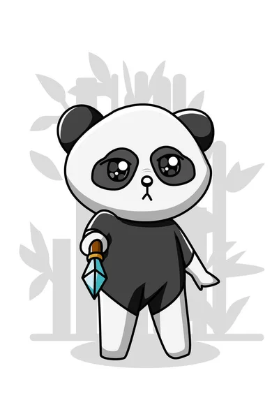 剣のイラスト付きの小さくてかわいいパンダ — ストックベクタ