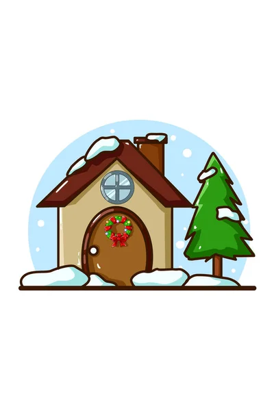 Uma Casa Com Abeto Época Natal — Vetor de Stock
