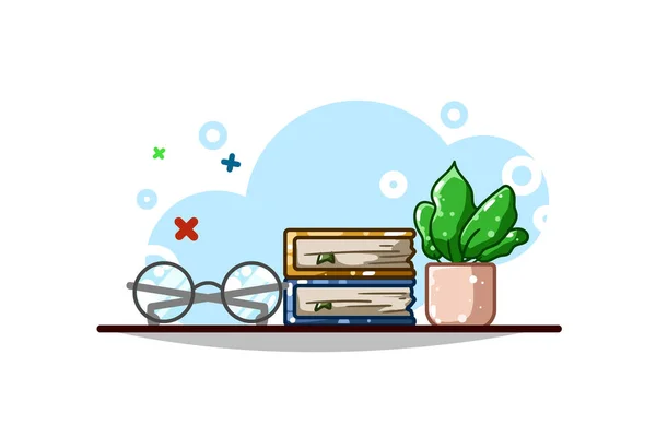 Eine Brille Bücher Und Zierpflanzen — Stockvektor