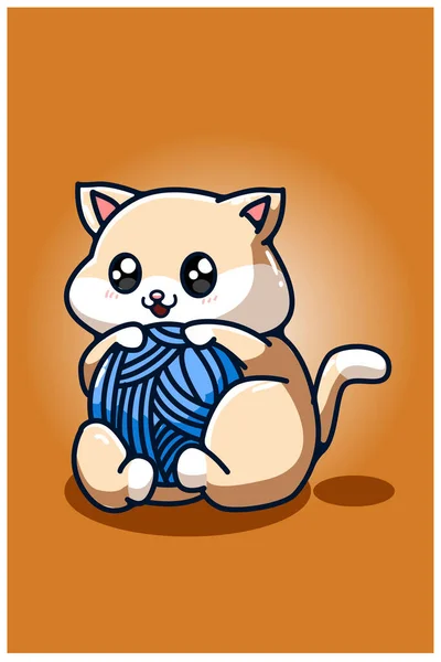 編み物ボールの手描きの猫 — ストックベクタ