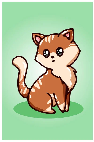 Cute Brown Cat Green Background Hand Drawing — Stock Vector