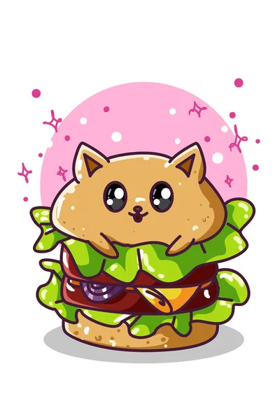 Tatlı Bir Kedi Hamburgeri Karakter Çizimi — Stok Vektör