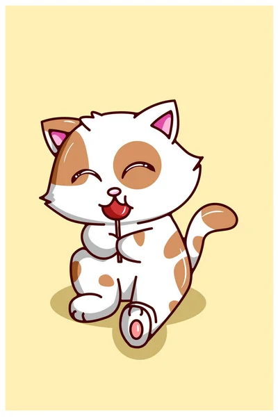 Kawaii Divertente Gatto Mangiare Una Caramella Cartone Animato Illustrazione — Vettoriale Stock