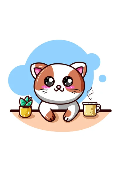 一只带着咖啡和观赏植物的快乐猫 — 图库矢量图片