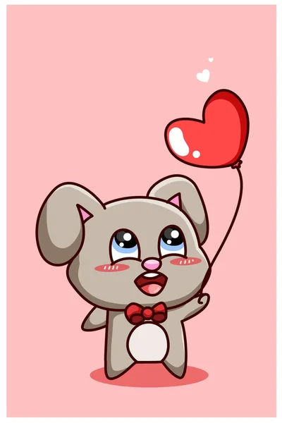 Divertente Kawaii Coniglio Con Palloncino Cuore San Valentino Illustrazione Cartone — Vettoriale Stock