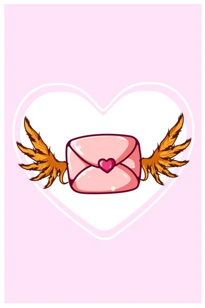 Kawaii Valentine Love Letter Wings Cartoon Illustration — Stock Vector