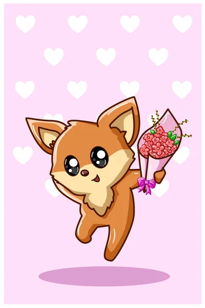Kawaii Fox Carrying Bouquet Flowers Valentine Day Cartoon Illustration — Stock Vector