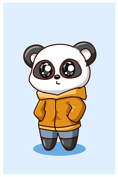 Ein Kleiner Süßer Panda Gelber Jacke Kawaii Cartoon Illustration — Stockvektor