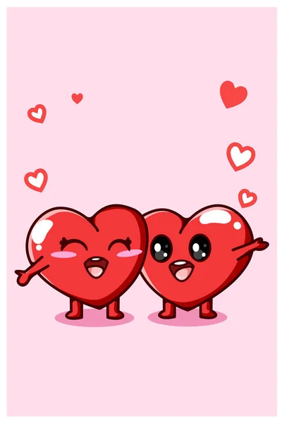 Kawaii Two Hearts Embrace Each Other Cartoon Illustration — Stock Vector