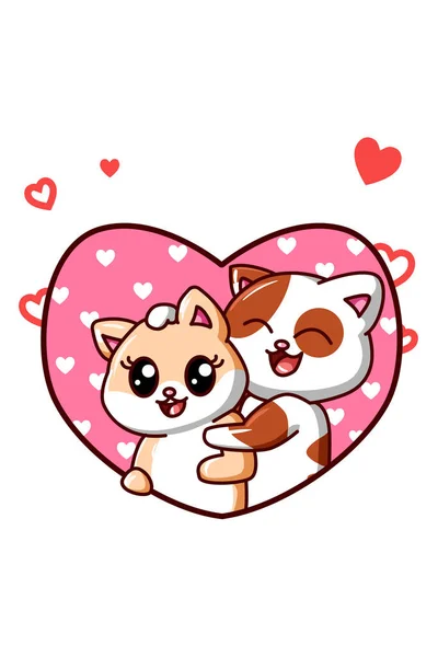 Kawaii Casal Gatos Apaixonam Ilustração Dos Desenhos Animados Valentine — Vetor de Stock