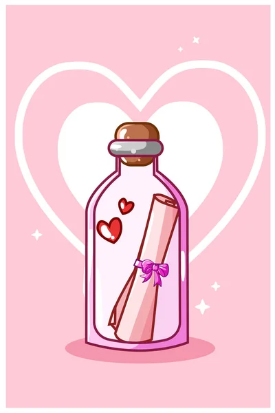 Valentine Carta Amor Botella Kawaii Ilustración Dibujos Animados — Vector de stock