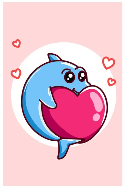 Kawaii Baby Shark Love Valentine Day Cartoon Illustration — Stock Vector