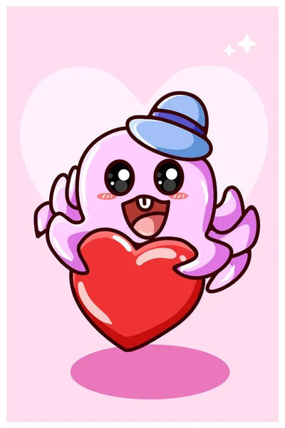 Szczęśliwy Kawaii Ośmiornica Przynieść Serce Walentynki Ilustracja Kreskówka — Wektor stockowy