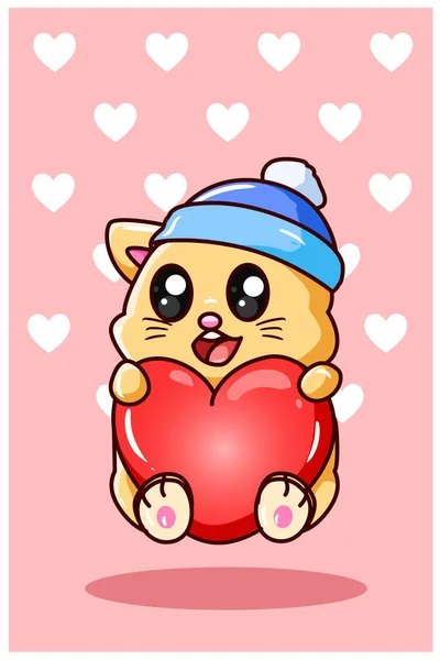 Kawaii Grappige Kat Met Liefde Valentijnsdag Cartoon Illustratie — Stockvector