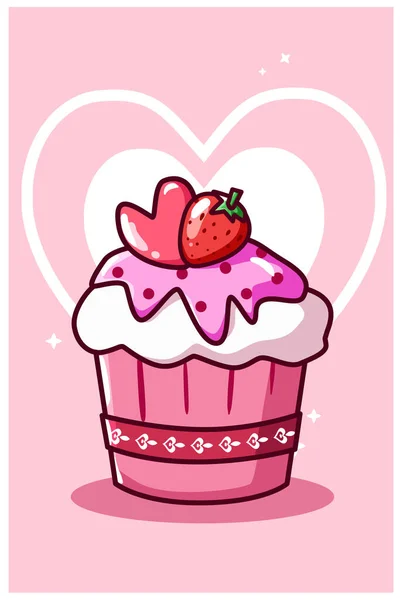 バレンタインデーの漫画のイラストでイチゴとカップケーキアイスクリーム — ストックベクタ
