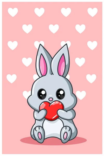 Piccolo Coniglio Con Cuore Kawaii Cartone Animato Illustrazione — Vettoriale Stock