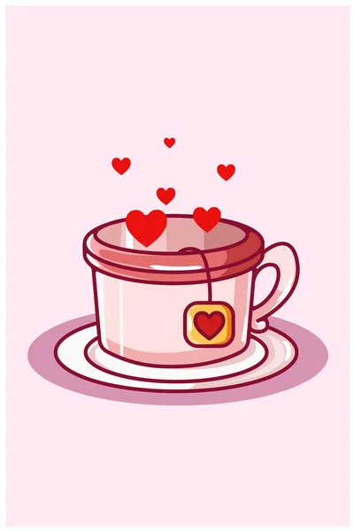 Καρδιά Τσάι Κινουμένων Σχεδίων Kawaii Εικόνα Ημέρα Του Αγίου Βαλεντίνου — Διανυσματικό Αρχείο