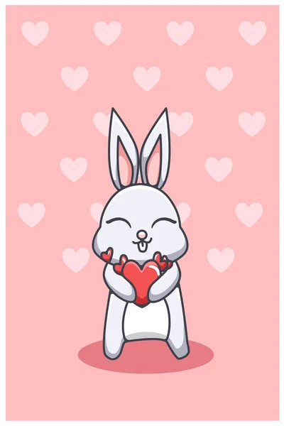 Kawaii Gelukkig Konijn Dragen Een Groot Hart Valentijn Cartoon Illustratie — Stockvector