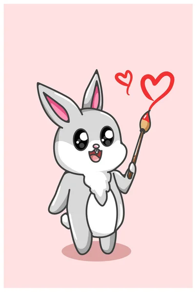 Kawaii Coniglio Felice Portare Amore San Valentino Pennello Cartone Animato — Vettoriale Stock
