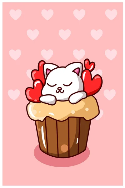 心の小さな漫画のイラストとカップケーキの上のかわいい猫 — ストックベクタ