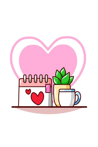 カップとバレンタインデーのカレンダーコーヒー漫画のイラスト — ストックベクタ