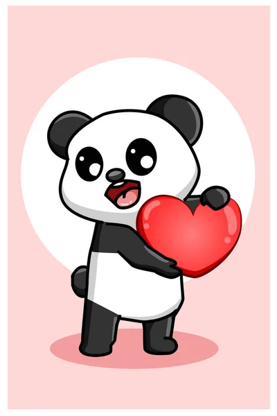 Kawaii Και Αστεία Panda Φέρει Μια Μεγάλη Καρδιά Αγίου Βαλεντίνου — Διανυσματικό Αρχείο