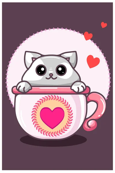 Kawaii Gatto Nella Tazza San Valentino Cartone Animato Illustrazione — Vettoriale Stock