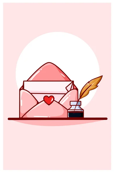 Kawaii Love Valentine Brief Umschlag Mit Dip Pen Cartoon Illustration — Stockvektor