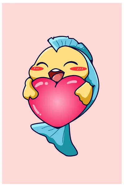 Kawaii Drôle Bébé Poisson Étreignant Grand Coeur Valentine Illustration Dessin — Image vectorielle