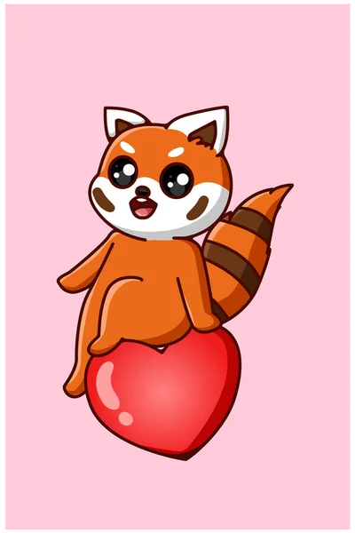 Kawaii Felice Panda Rosso Siede Sul Cuore San Valentino Cartone — Vettoriale Stock
