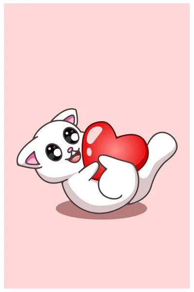 Kawaii和有趣的猫滚动与一个大心脏情人节卡通画 — 图库矢量图片