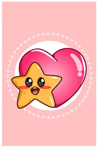 Kawaii Stella Felice Con Grande Cuore San Valentino Cartone Animato — Vettoriale Stock
