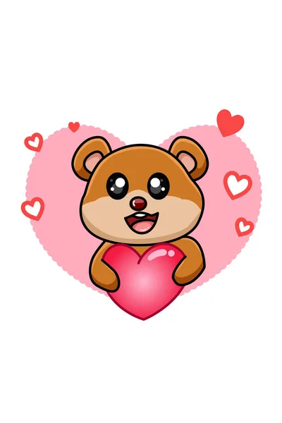 Ευτυχισμένο Και Χαριτωμένο Αρκουδάκι Αγκαλιάζει Μια Μεγάλη Καρδιά Εικονογράφηση Κινουμένων — Διανυσματικό Αρχείο